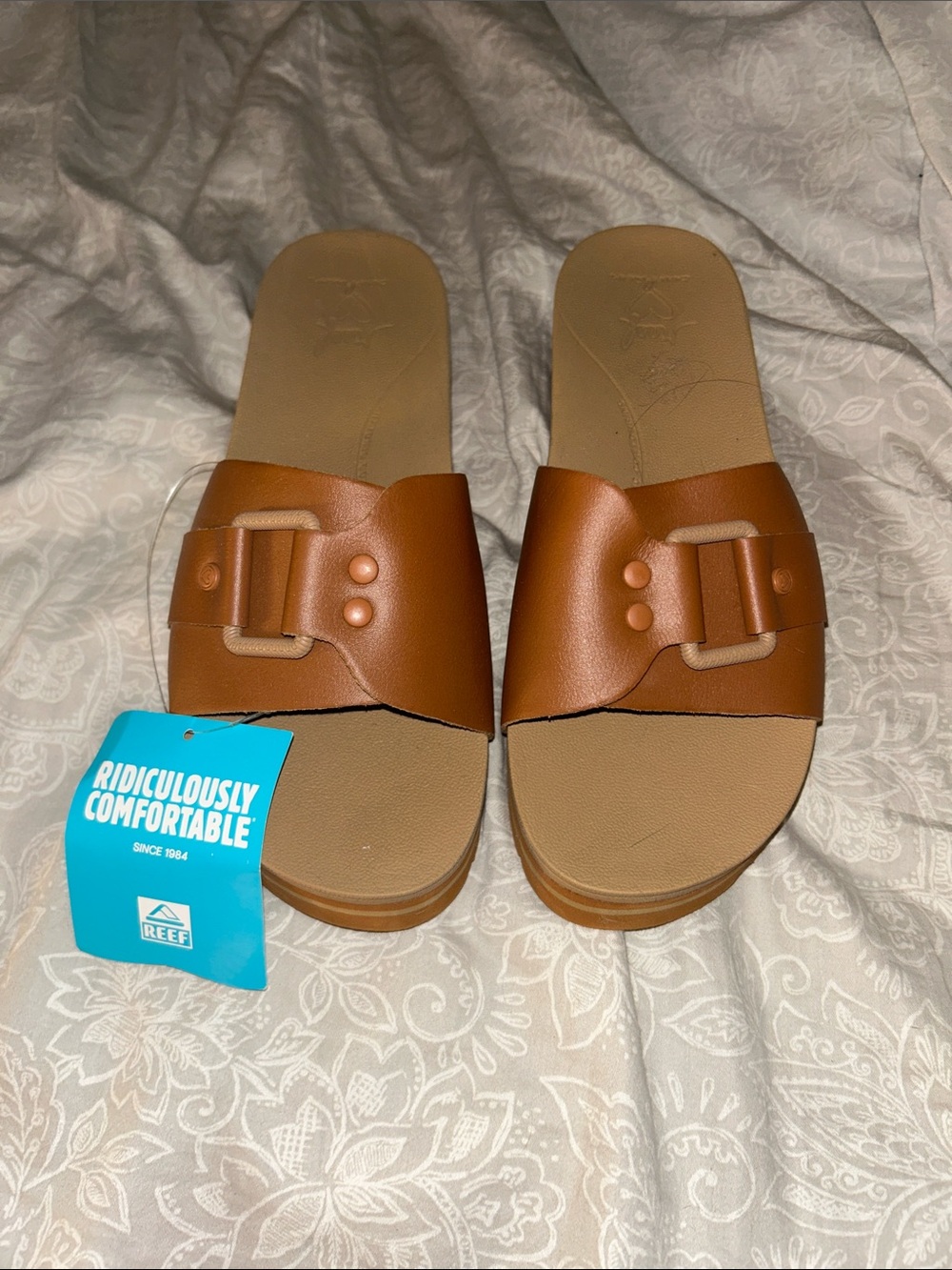 Reef Tan/Brown Slide Sandals with Buckle Accent